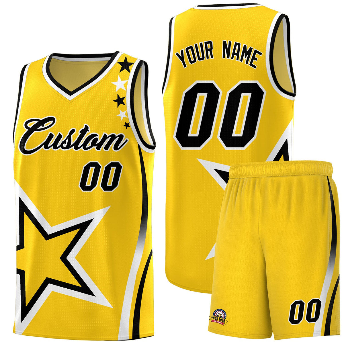 Custom Gold Shoulder Stars Graffiti Pattern Sets Basketball Jersey