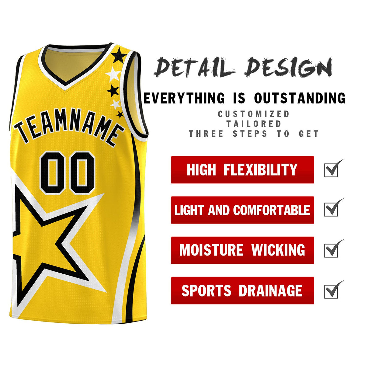Custom Gold Shoulder Stars Graffiti Pattern Sets Basketball Jersey