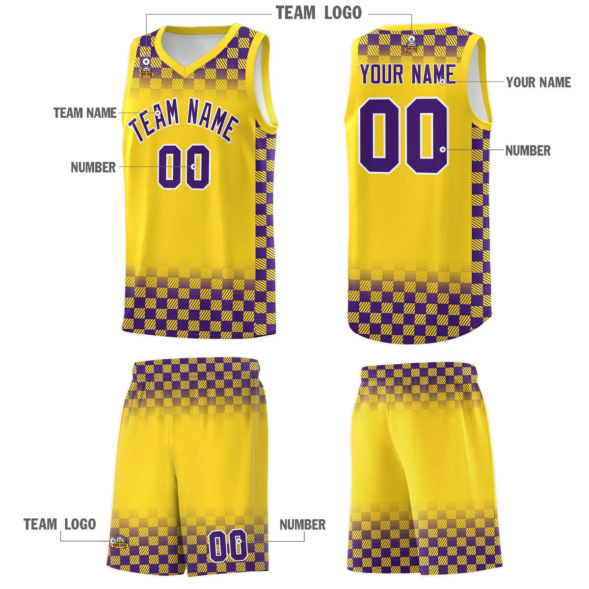 Custom Gold Purple Classic Plaid Pattern Sports Uniform Basketball Jersey