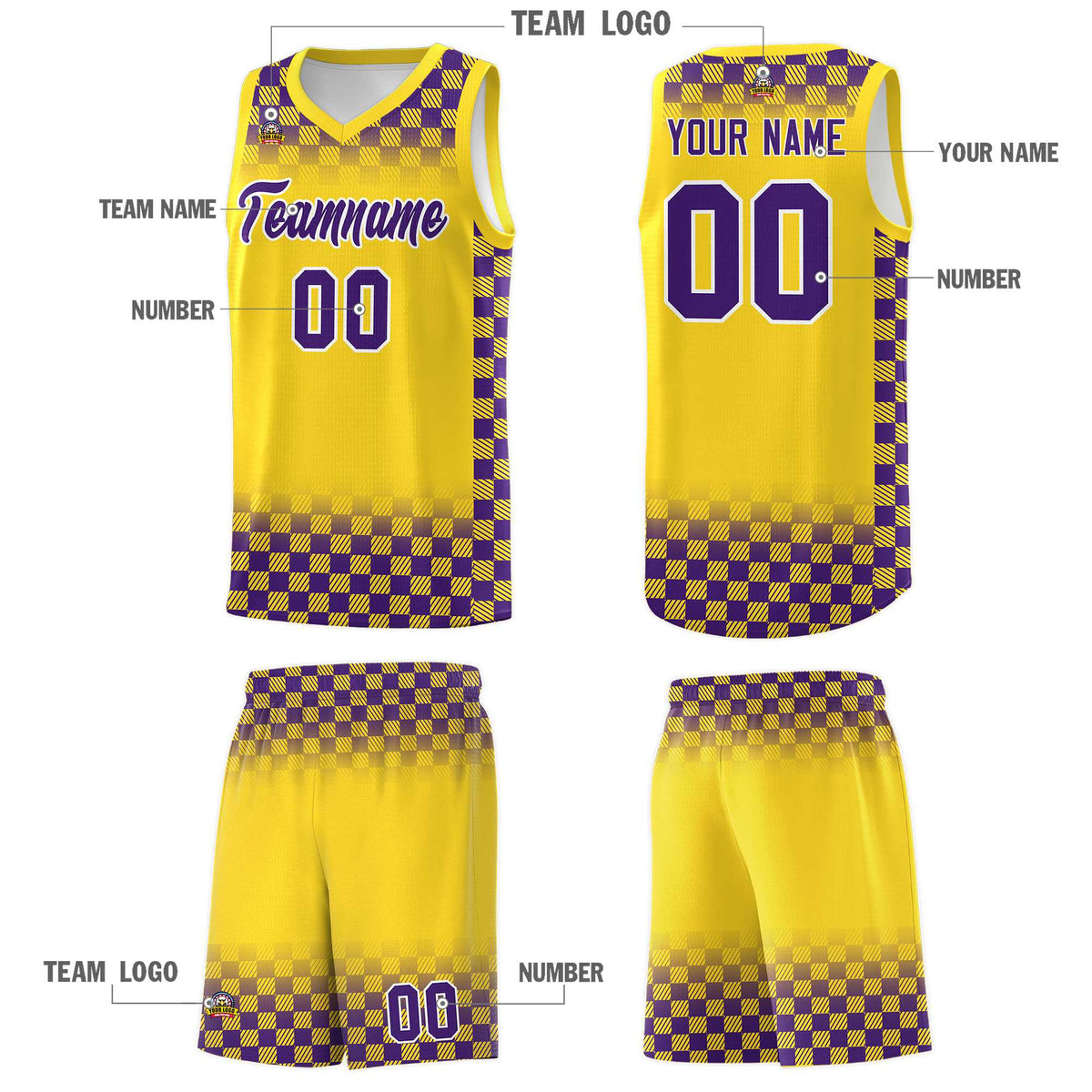 Custom Gold Purple Classic Plaid Pattern Sports Uniform Basketball Jersey
