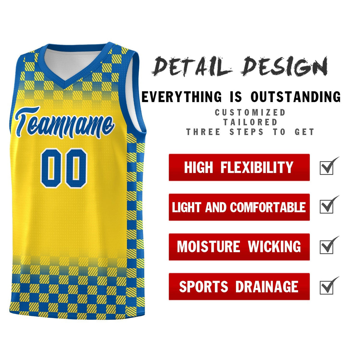 Custom Gold Royal Classic Plaid Pattern Sports Uniform Basketball Jersey