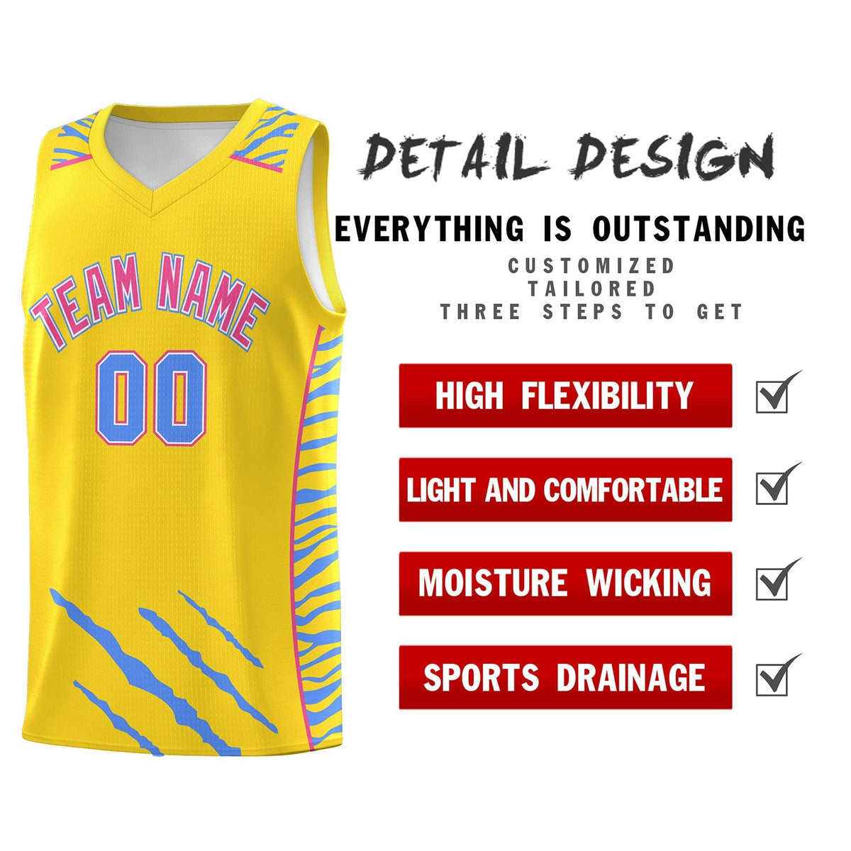 Custom Gold Personalized Tiger Claw Pattern Sports Uniform Basketball Jersey