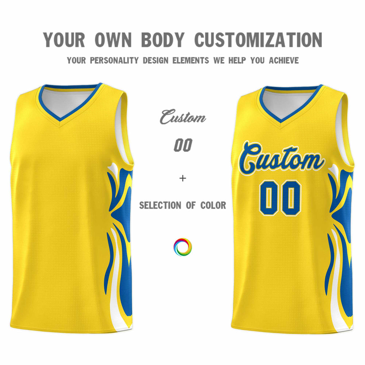 Custom Gold Royal-White Graffiti Pattern Side Curve Pattern Sports Uniform Basketball Jersey Sets