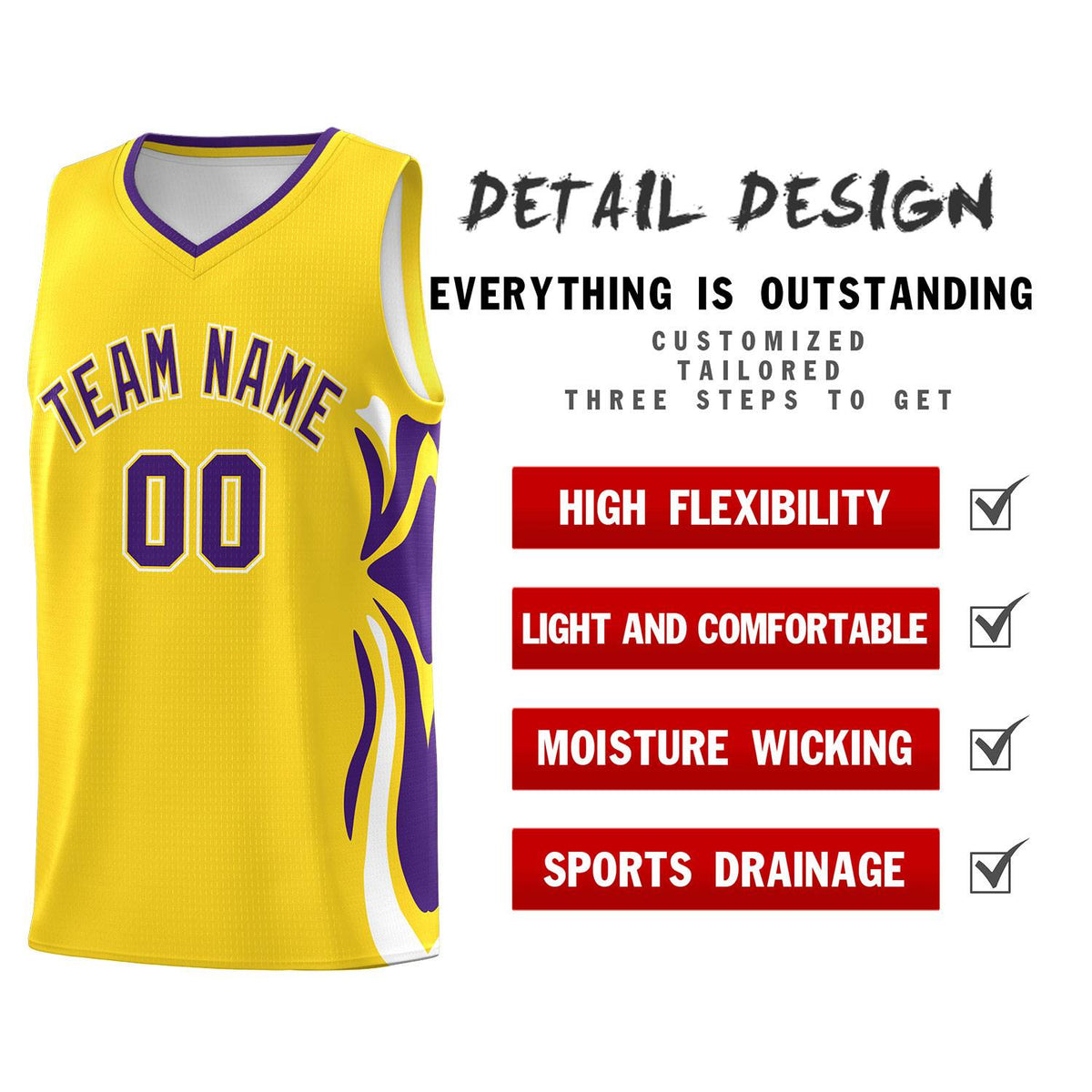 Custom Gold Purple-White Graffiti Pattern Side Curve Pattern Sports Uniform Basketball Jersey Sets