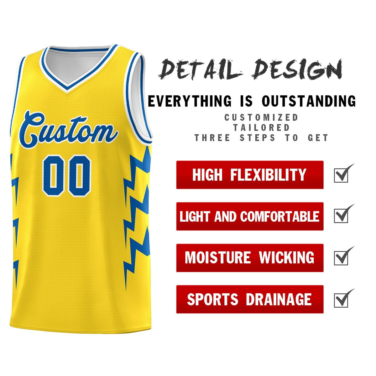 Custom Gold Side Lightning Pattern Sports Uniform Basketball Jersey