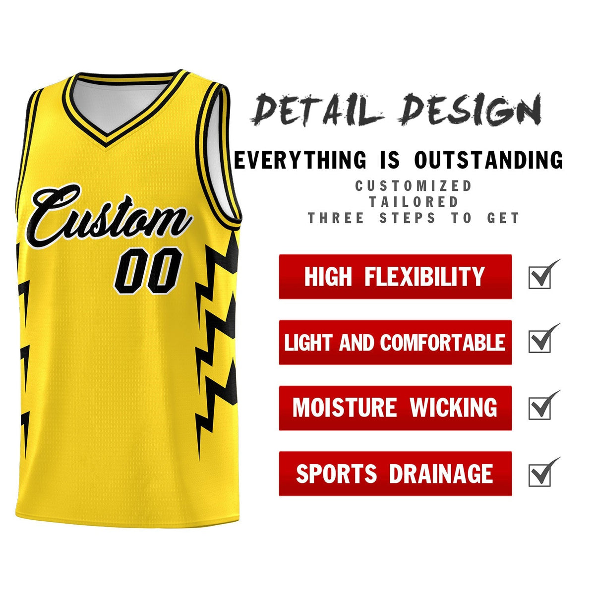 Custom Gold Side Lightning Pattern Sports Uniform Basketball Jersey