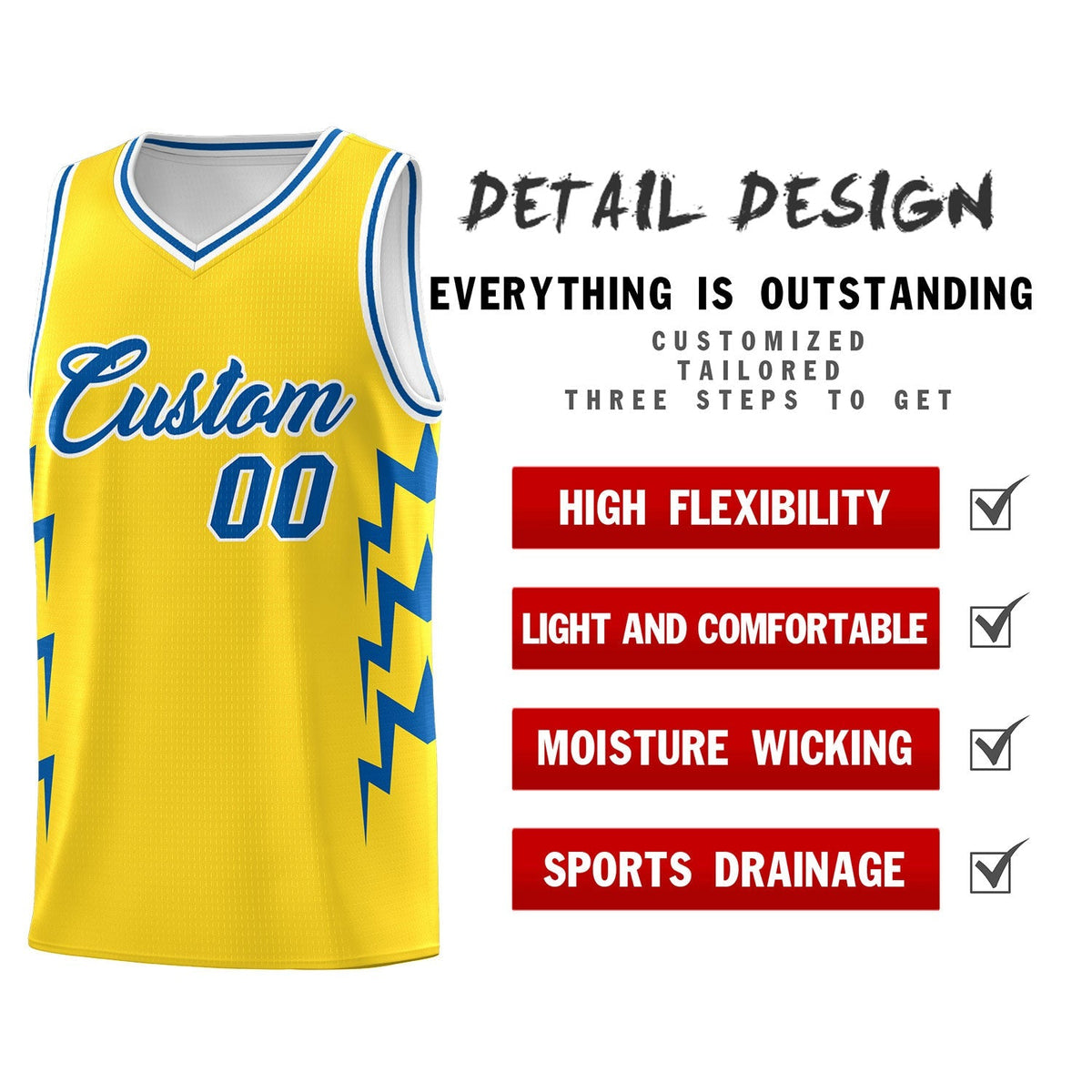 Custom Gold Side Lightning Pattern Sports Uniform Basketball Jersey