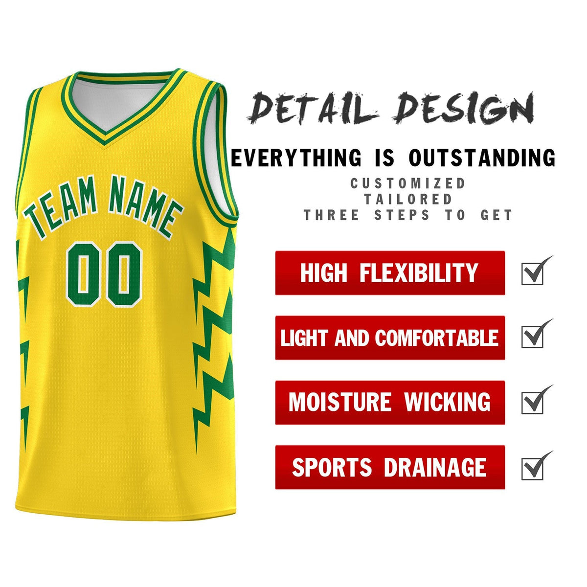 Custom Gold Side Lightning Pattern Sports Uniform Basketball Jersey