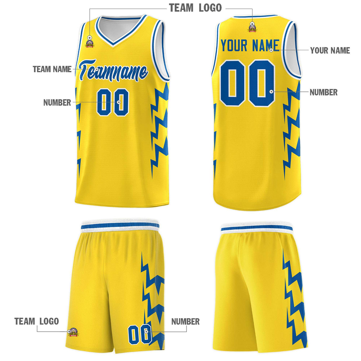 Custom Gold Side Lightning Pattern Sports Uniform Basketball Jersey