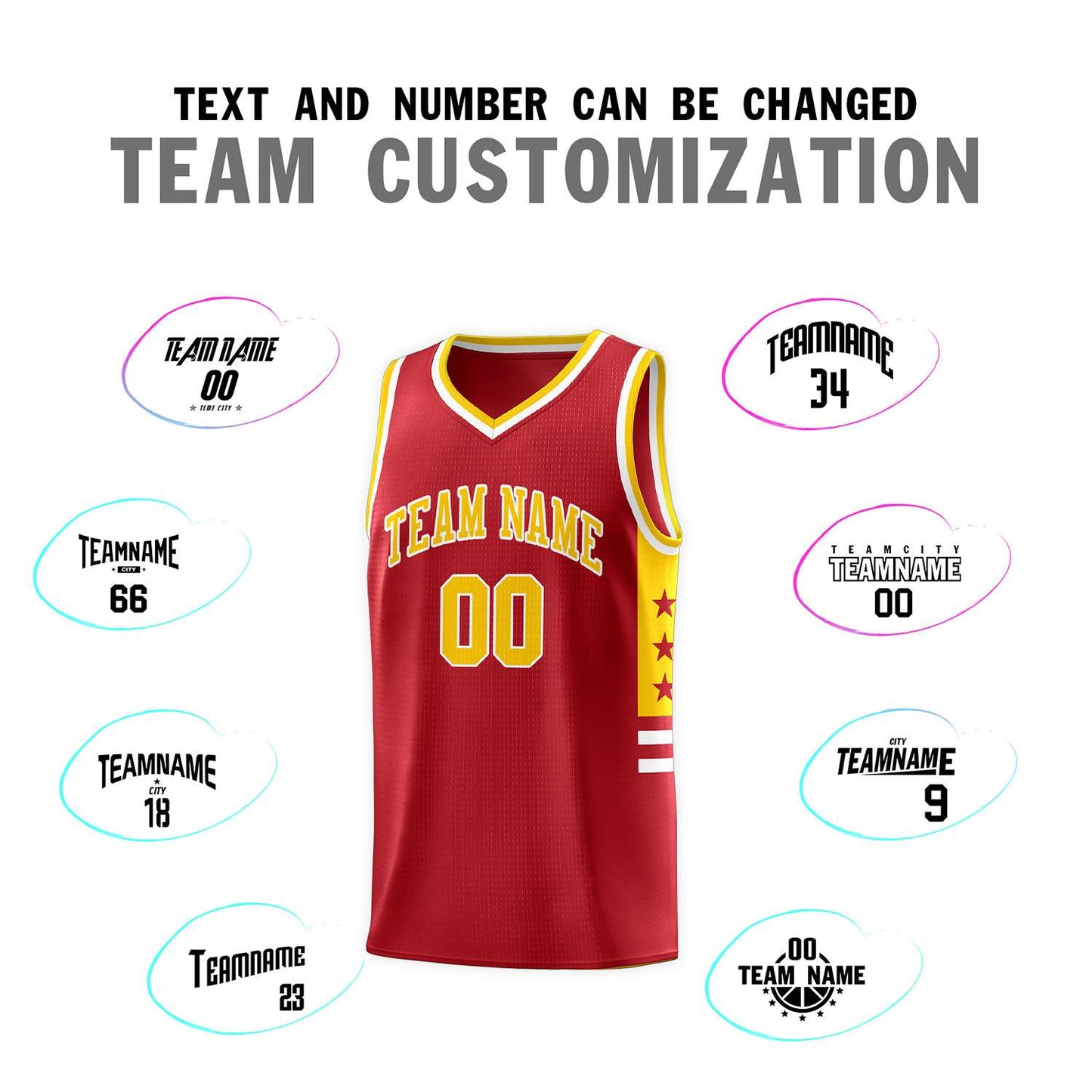 Custom Red Yellow-White Personalized Star Pattern Sports Uniform Basketball Jersey