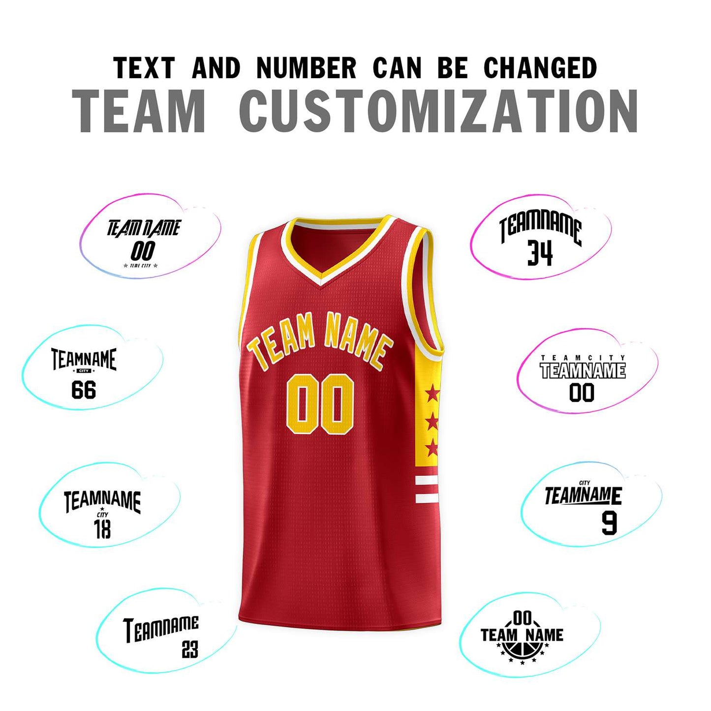 Custom Red Yellow-White Personalized Star Pattern Sports Uniform Basketball Jersey