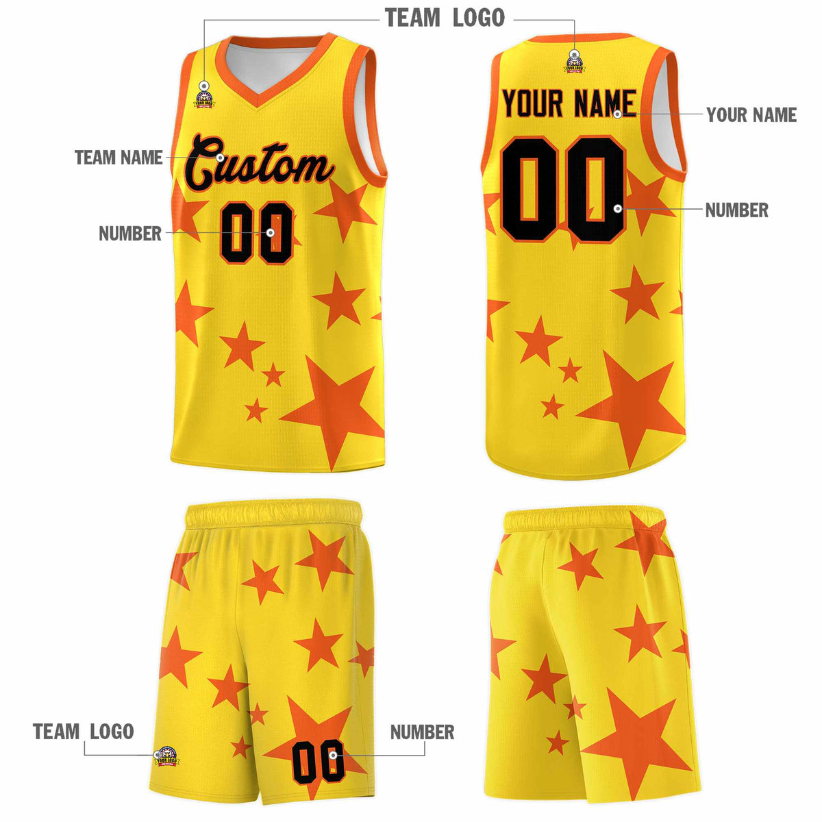 Custom Gold Orange Graffiti Pattern Star Print Basketball Kits Sets