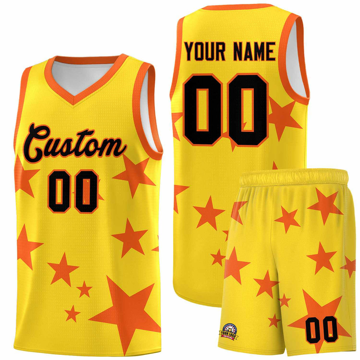 Custom Gold Orange Graffiti Pattern Star Print Basketball Kits Sets