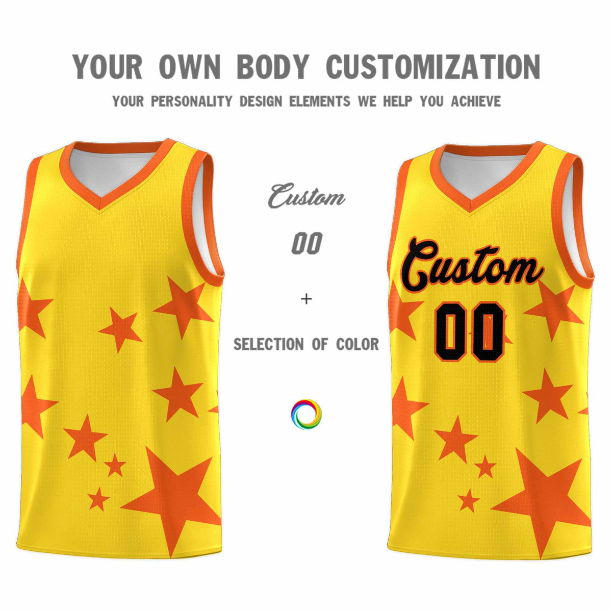 Custom Gold Orange Graffiti Pattern Star Print Basketball Kits Sets