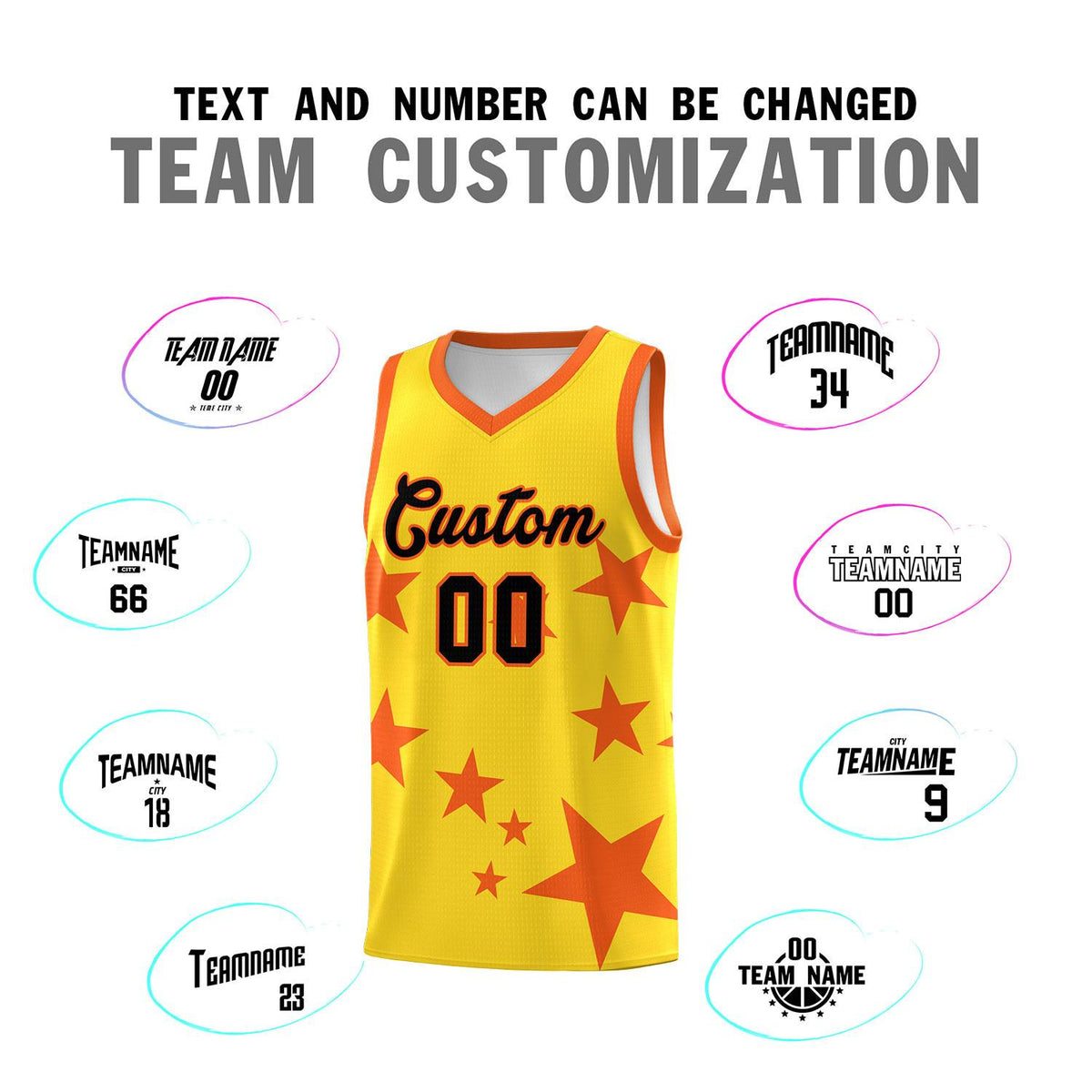 Custom Gold Orange Graffiti Pattern Star Print Basketball Kits Sets