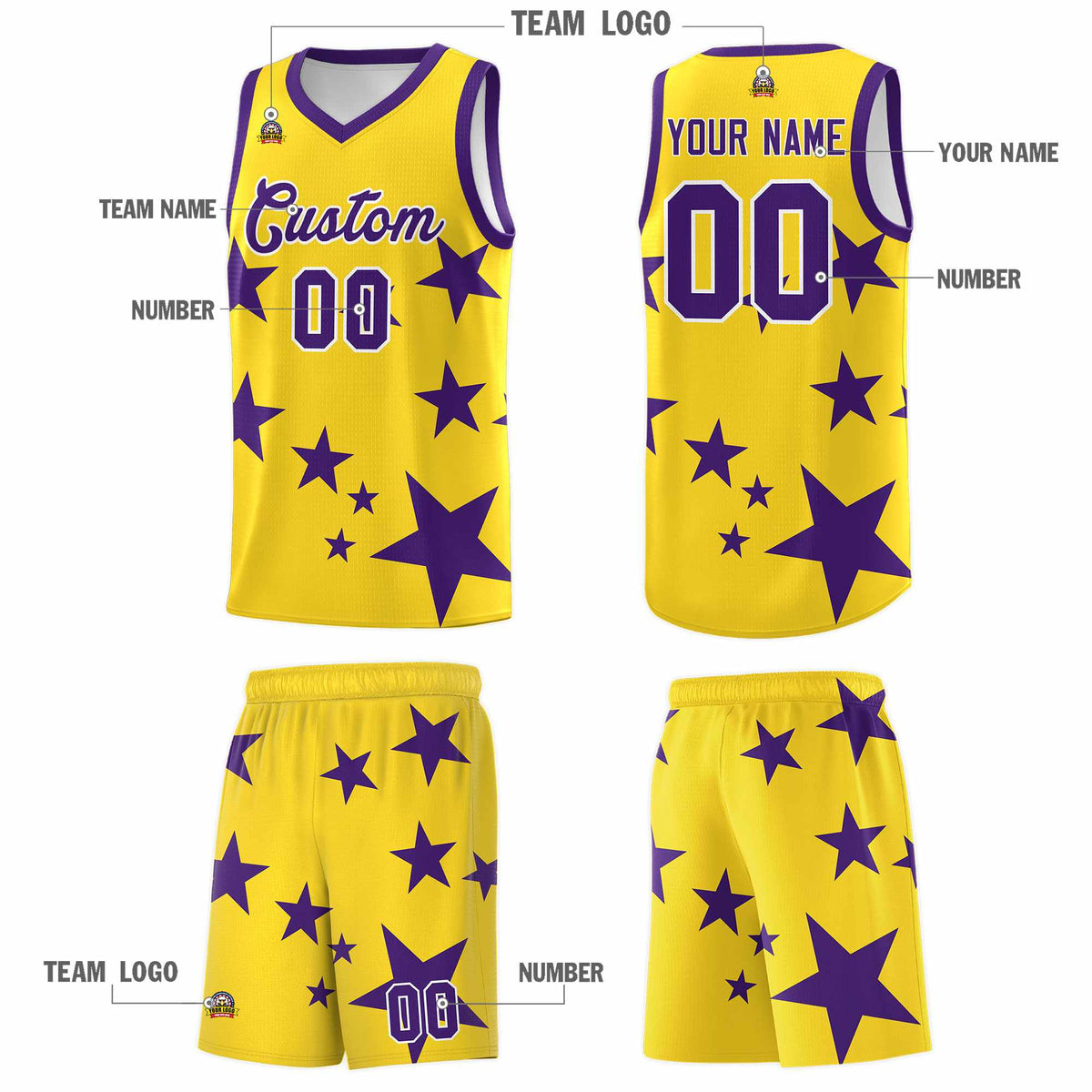 Custom Gold Purple Graffiti Pattern Star Print Basketball Kits Sets