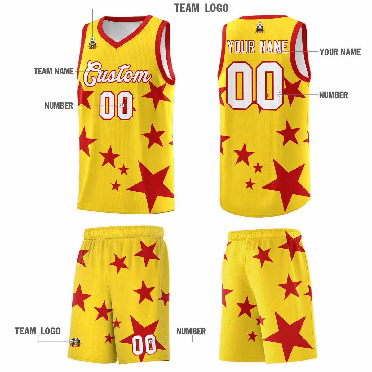Custom Gold Red Graffiti Pattern Star Print Basketball Kits Sets