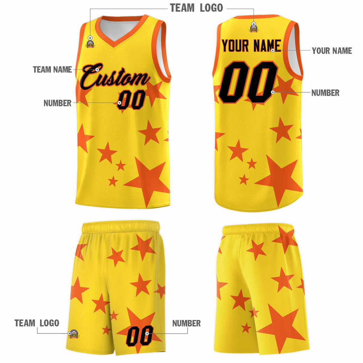 Custom Gold Orange Graffiti Pattern Star Print Basketball Kits Sets