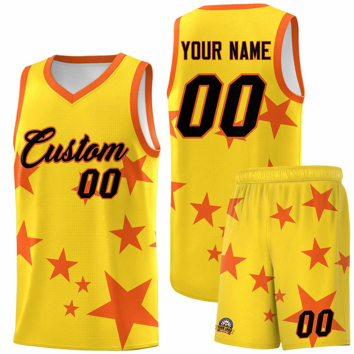 Custom Gold Orange Graffiti Pattern Star Print Basketball Kits Sets