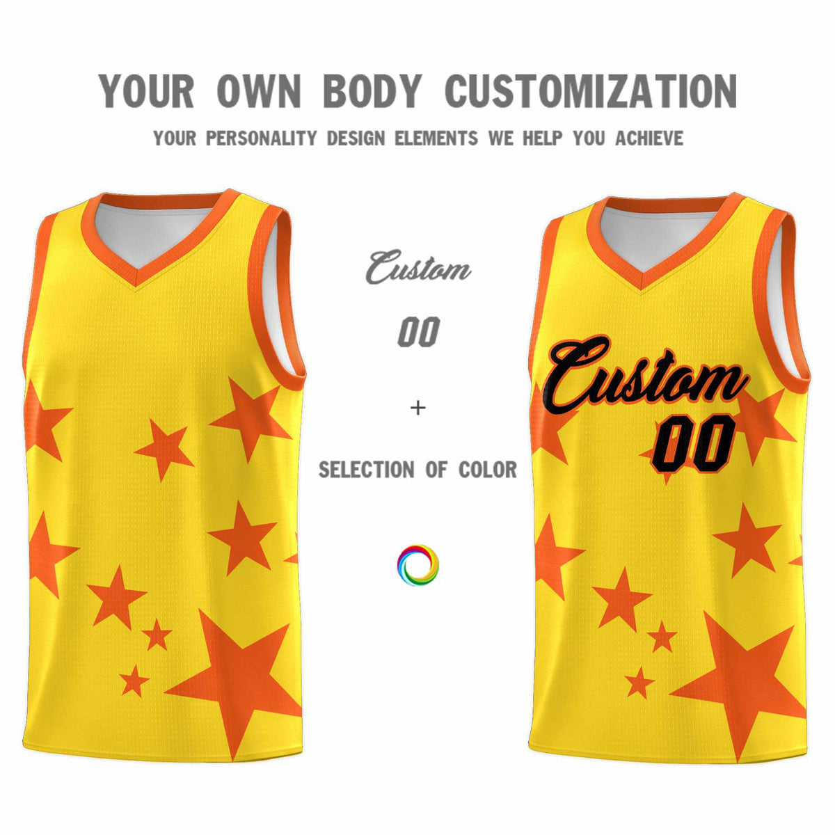 Custom Gold Orange Graffiti Pattern Star Print Basketball Kits Sets