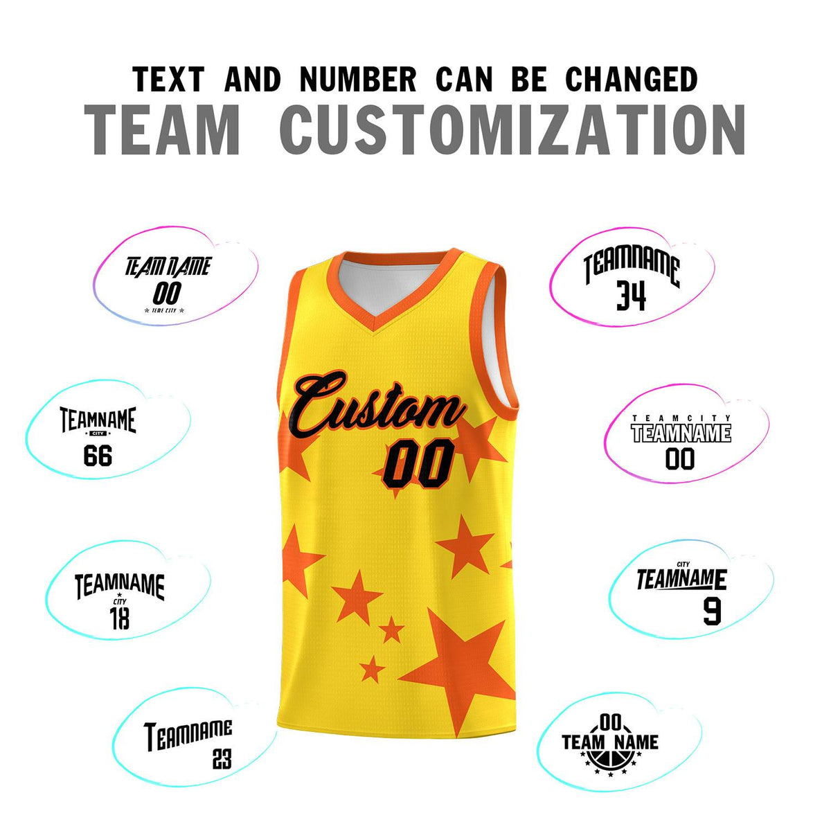 Custom Gold Orange Graffiti Pattern Star Print Basketball Kits Sets