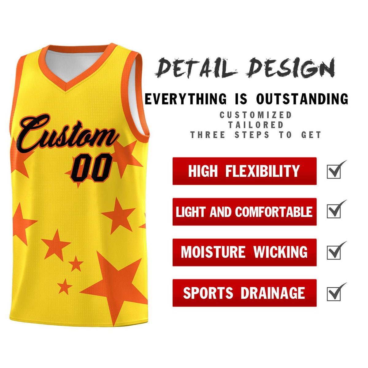 Custom Gold Orange Graffiti Pattern Star Print Basketball Kits Sets