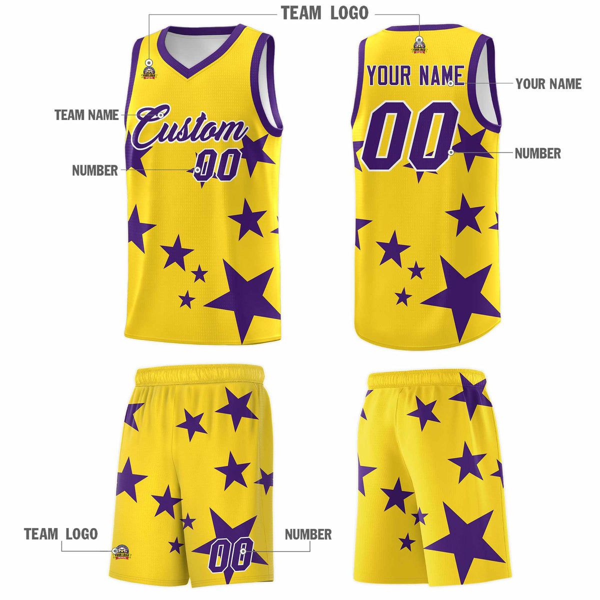 Custom Gold Purple Graffiti Pattern Star Print Basketball Kits Sets