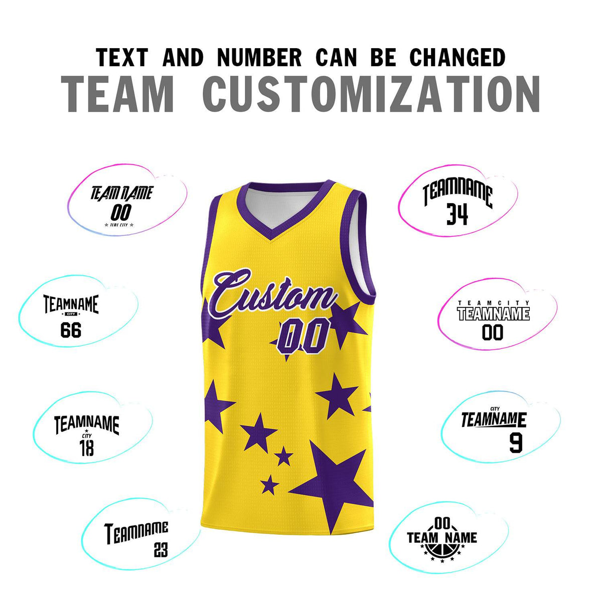 Custom Gold Purple Graffiti Pattern Star Print Basketball Kits Sets