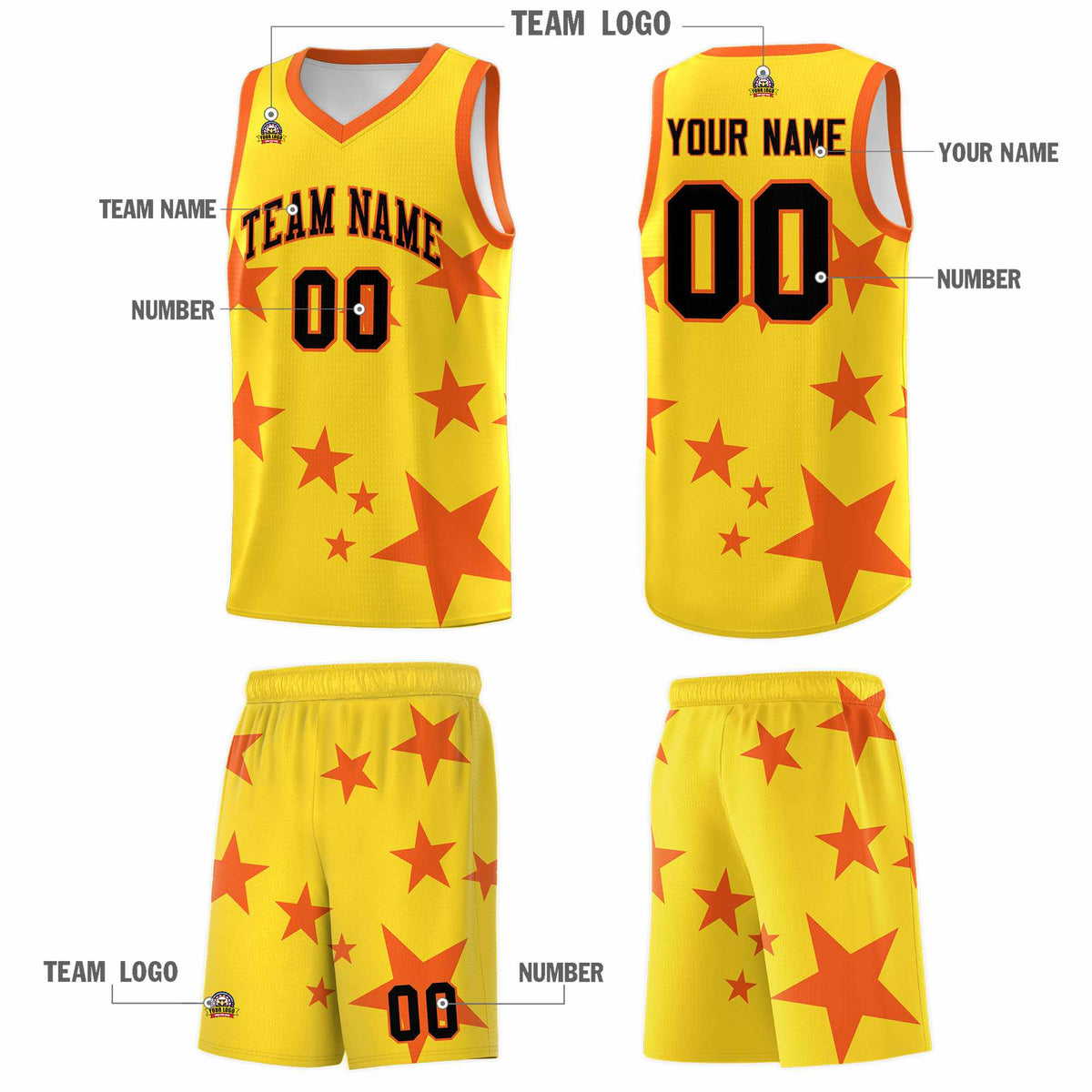 Custom Gold Orange Graffiti Pattern Star Print Basketball Kits Sets