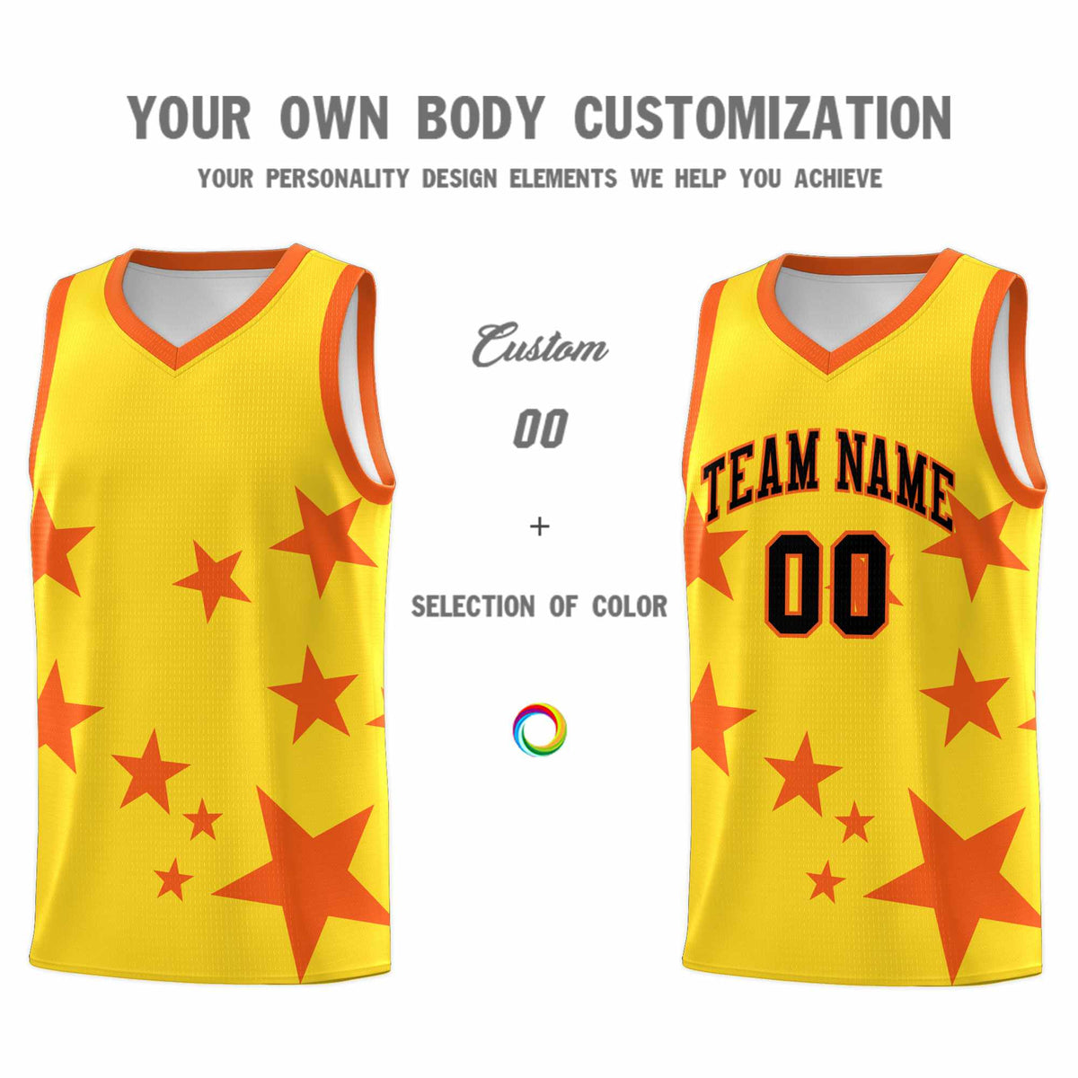 Custom Gold Orange Graffiti Pattern Star Print Basketball Kits Sets