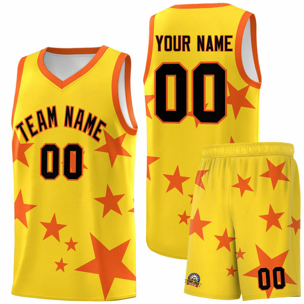 Custom Gold Orange Graffiti Pattern Star Print Basketball Kits Sets