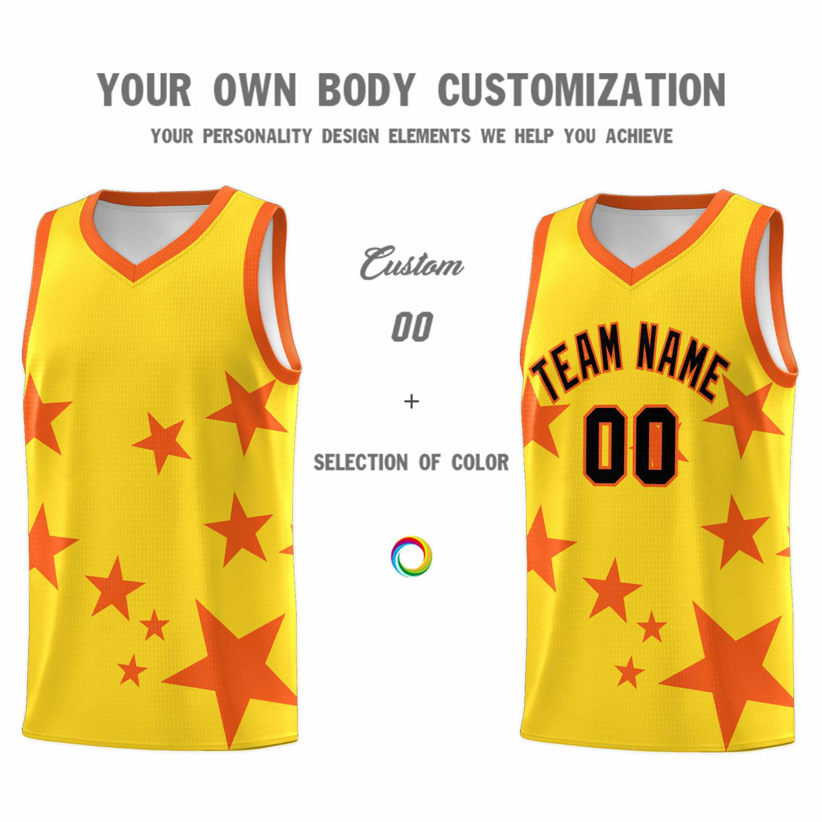 Custom Gold Orange Graffiti Pattern Star Print Basketball Kits Sets