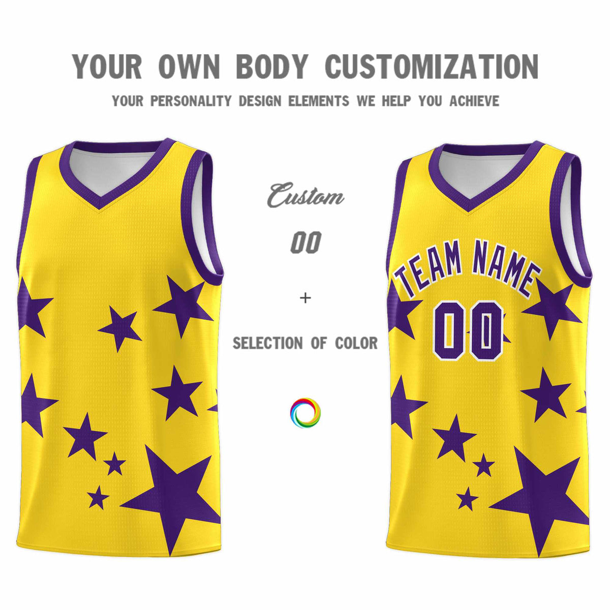 Custom Gold Purple Graffiti Pattern Star Print Basketball Kits Sets