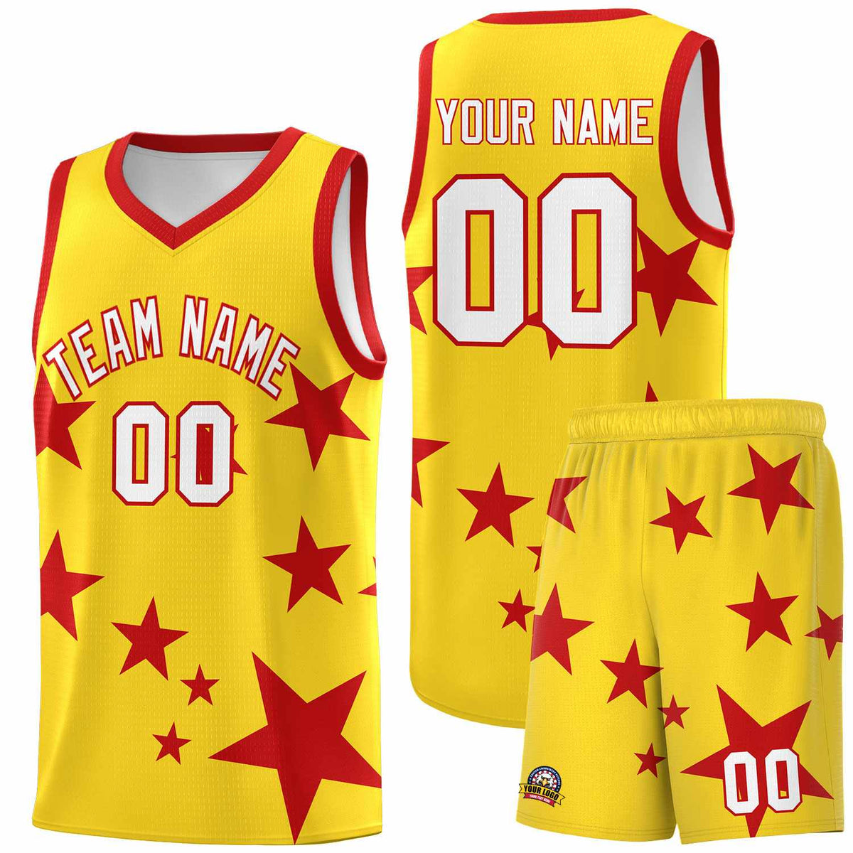 Custom Gold Red Graffiti Pattern Star Print Basketball Kits Sets