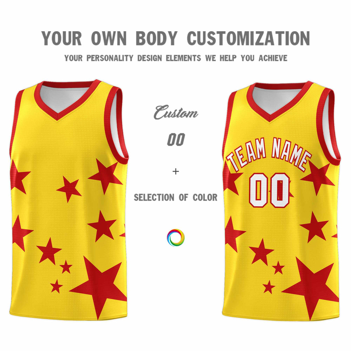 Custom Gold Red Graffiti Pattern Star Print Basketball Kits Sets