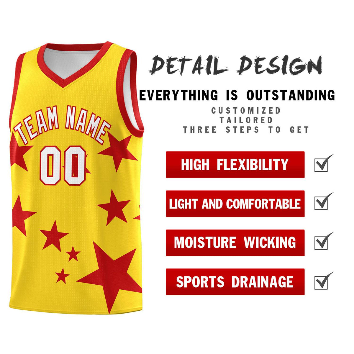 Custom Gold Red Graffiti Pattern Star Print Basketball Kits Sets