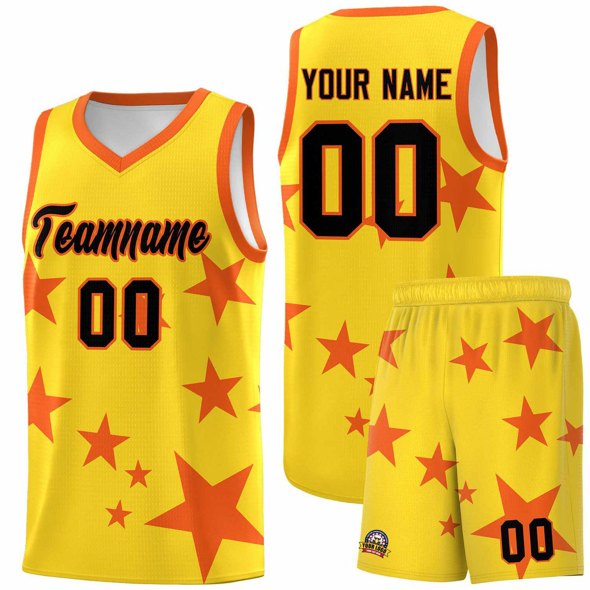 Custom Gold Orange Graffiti Pattern Star Print Basketball Kits Sets