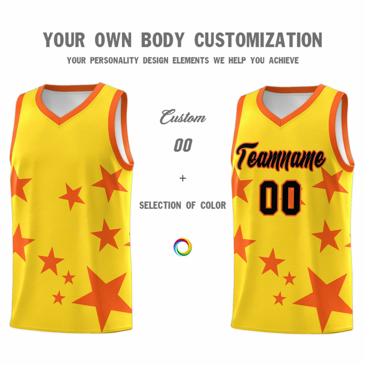 Custom Gold Orange Graffiti Pattern Star Print Basketball Kits Sets
