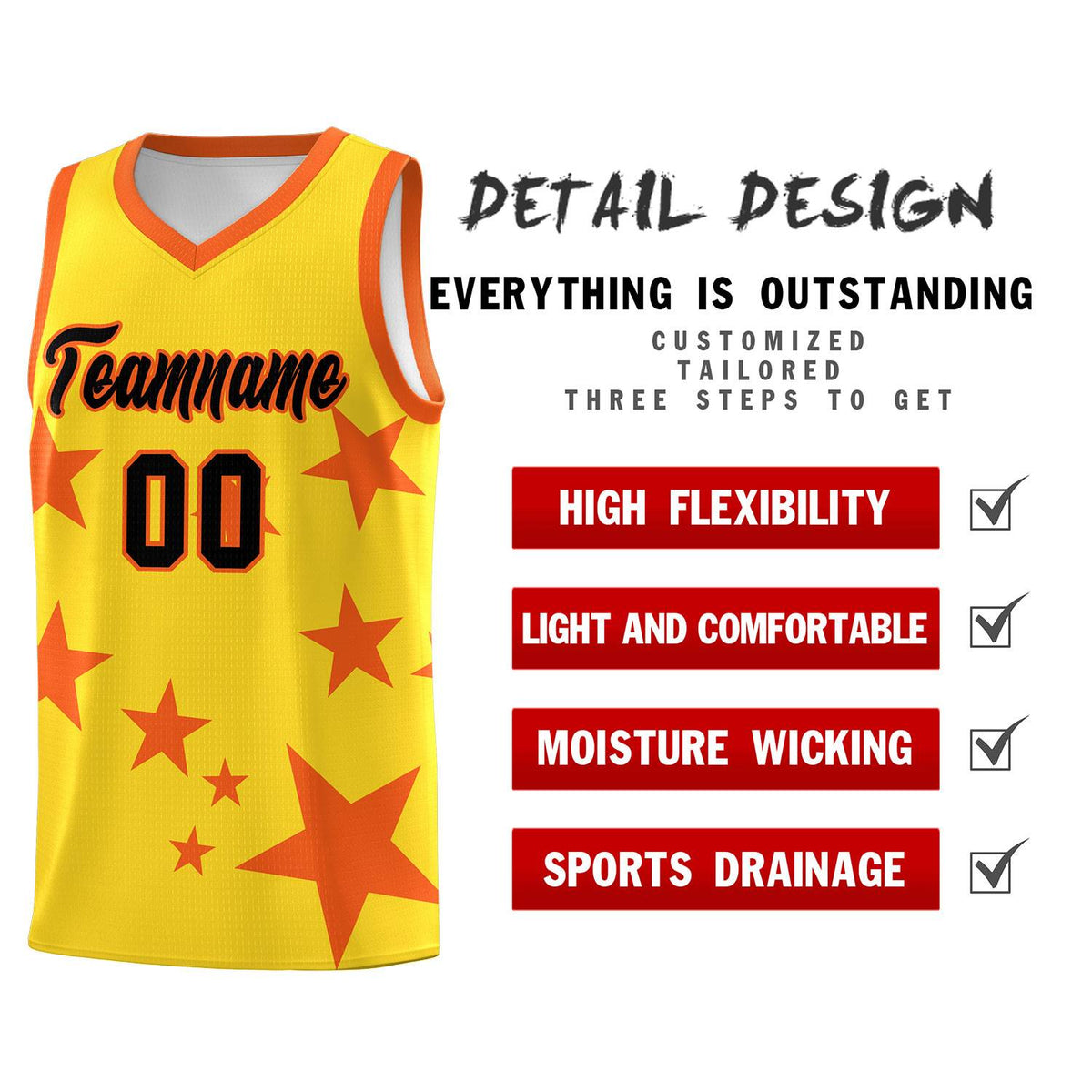 Custom Gold Orange Graffiti Pattern Star Print Basketball Kits Sets