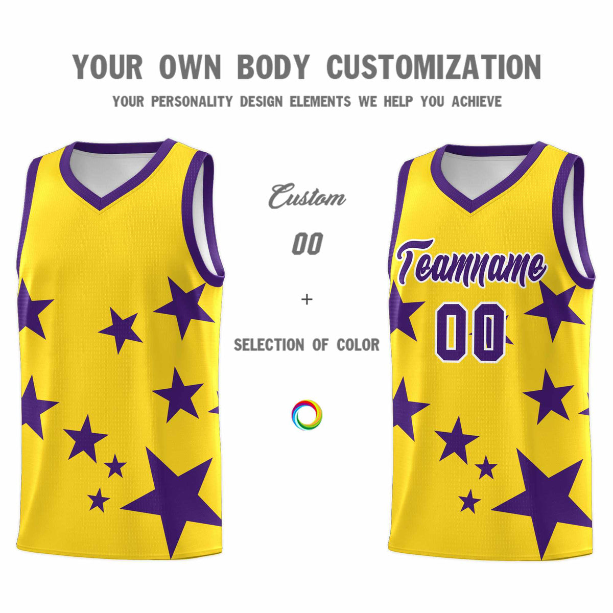 Custom Gold Purple Graffiti Pattern Star Print Basketball Kits Sets