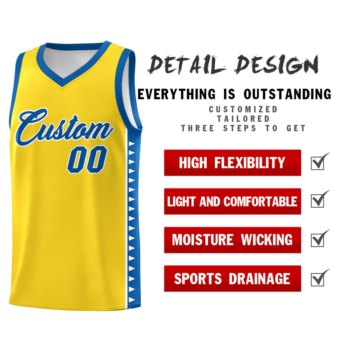 Custom Gold Royal Basketball Kits With Side Zigzag Pattern