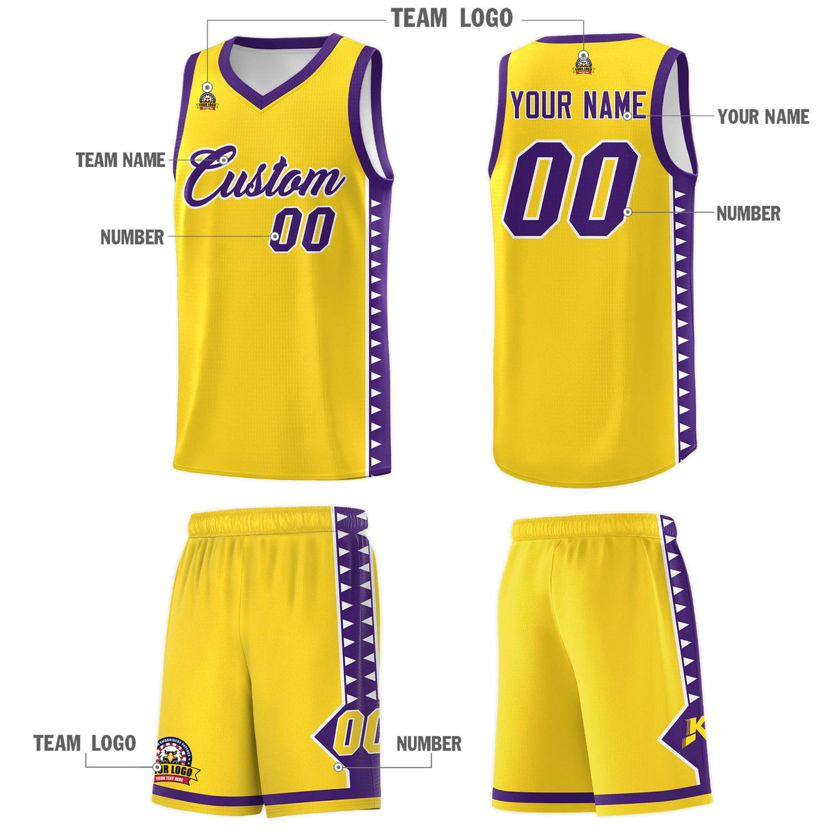 Custom Gold Purple Basketball Kits With Side Zigzag Pattern
