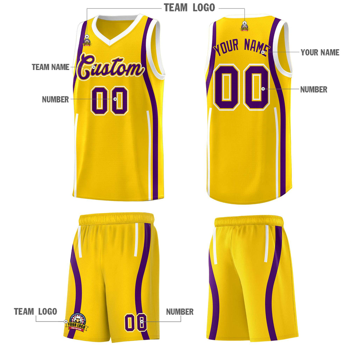 Custom Gold Purple AND White Basketball Jersey