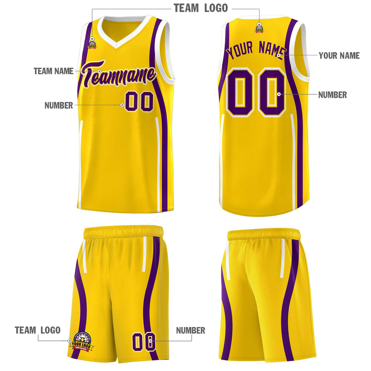 Custom Gold Purple-White Ribbon Pattern Basketball Kits