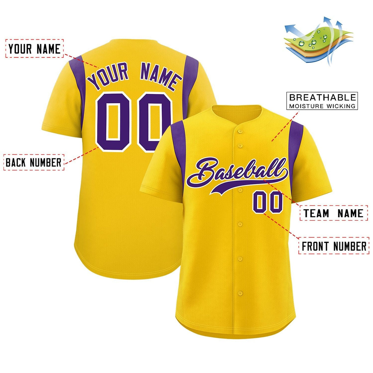 Custom Gold Purple Classic Style Personalized Full Button Authentic Baseball Jersey