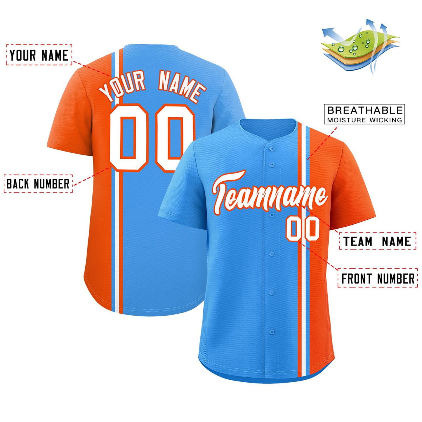 Custom Powder Blue Orange-White Personalized Color Block Authentic Baseball jersey