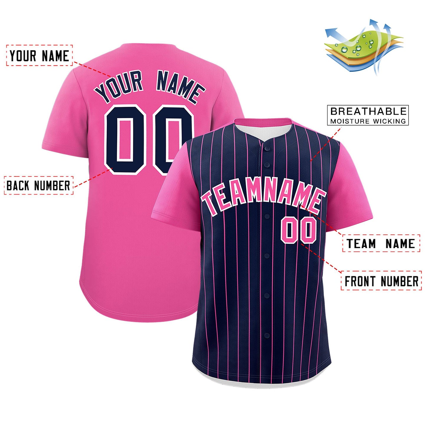 Custom Navy Pink Pinstripe Personalized Two-Tone Authentic Baseball Jersey