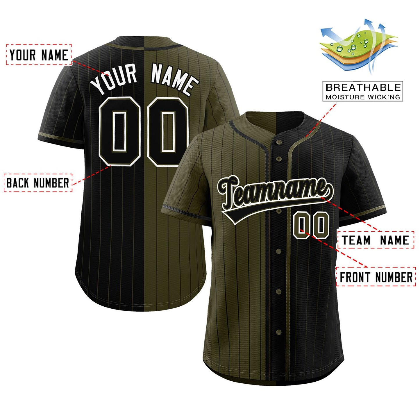 Custom Olive Black Two Tone Striped Fashion Authentic Baseball Jersey