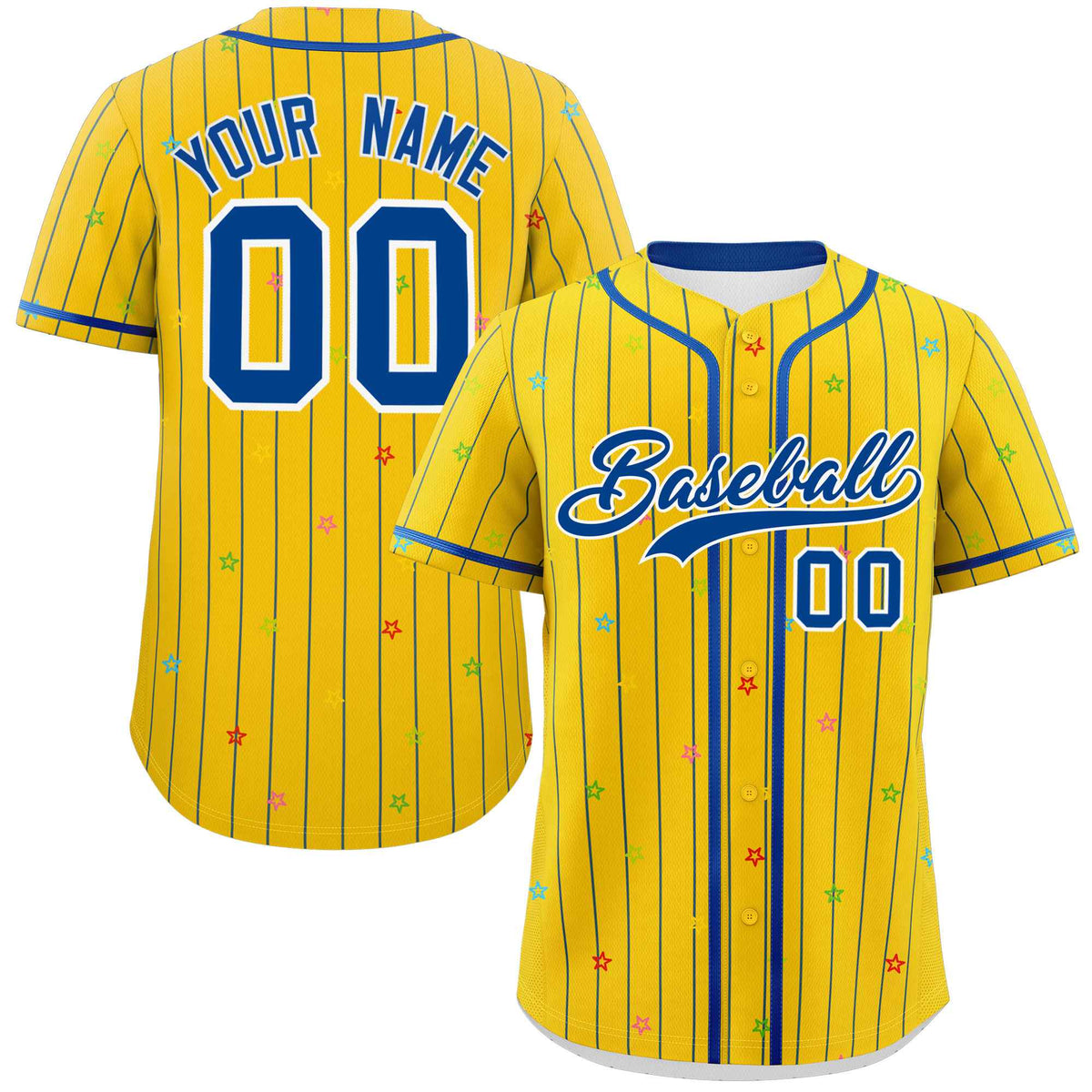 Custom Gold Royal Stripe Fashion Personalized Star Pattern Authentic Baseball Jersey