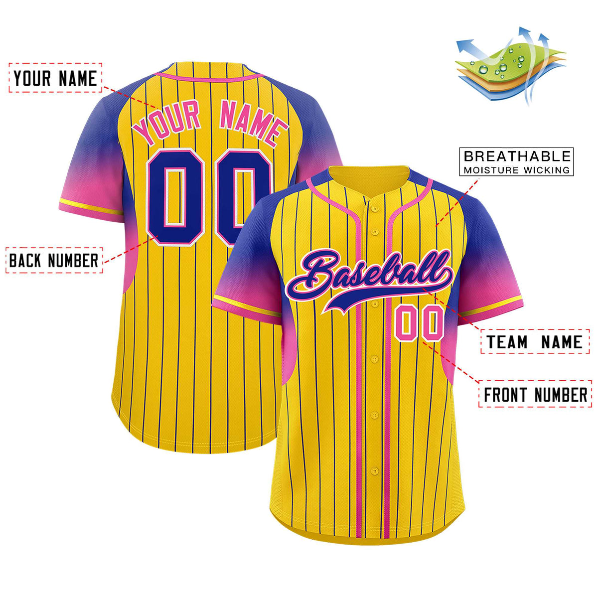 Custom Gold Royal Stripe Fashion Sleeves Gradient Authentic Baseball Jersey